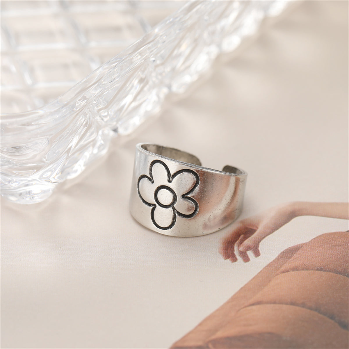Silver-Plated Flower Open Band Ring, silver statement rings for women, dainty minimalist design, lifestyle look