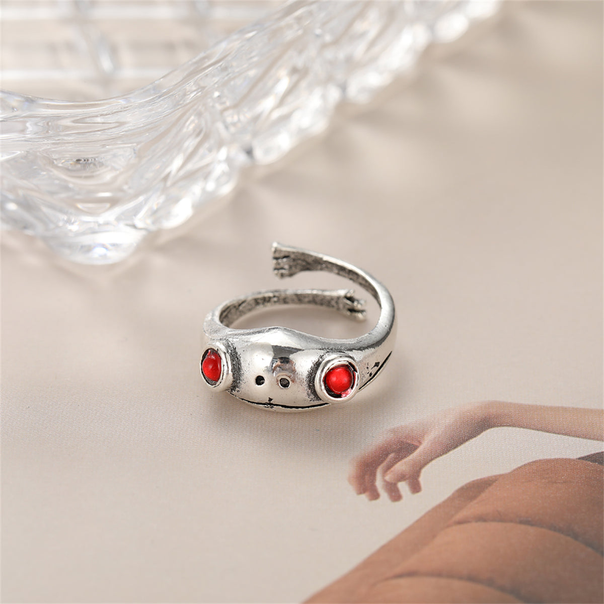 Red Cubic Zirconia and Silver-Plated Frog Adjustable Ring, silver statement rings for women, lifestyle look