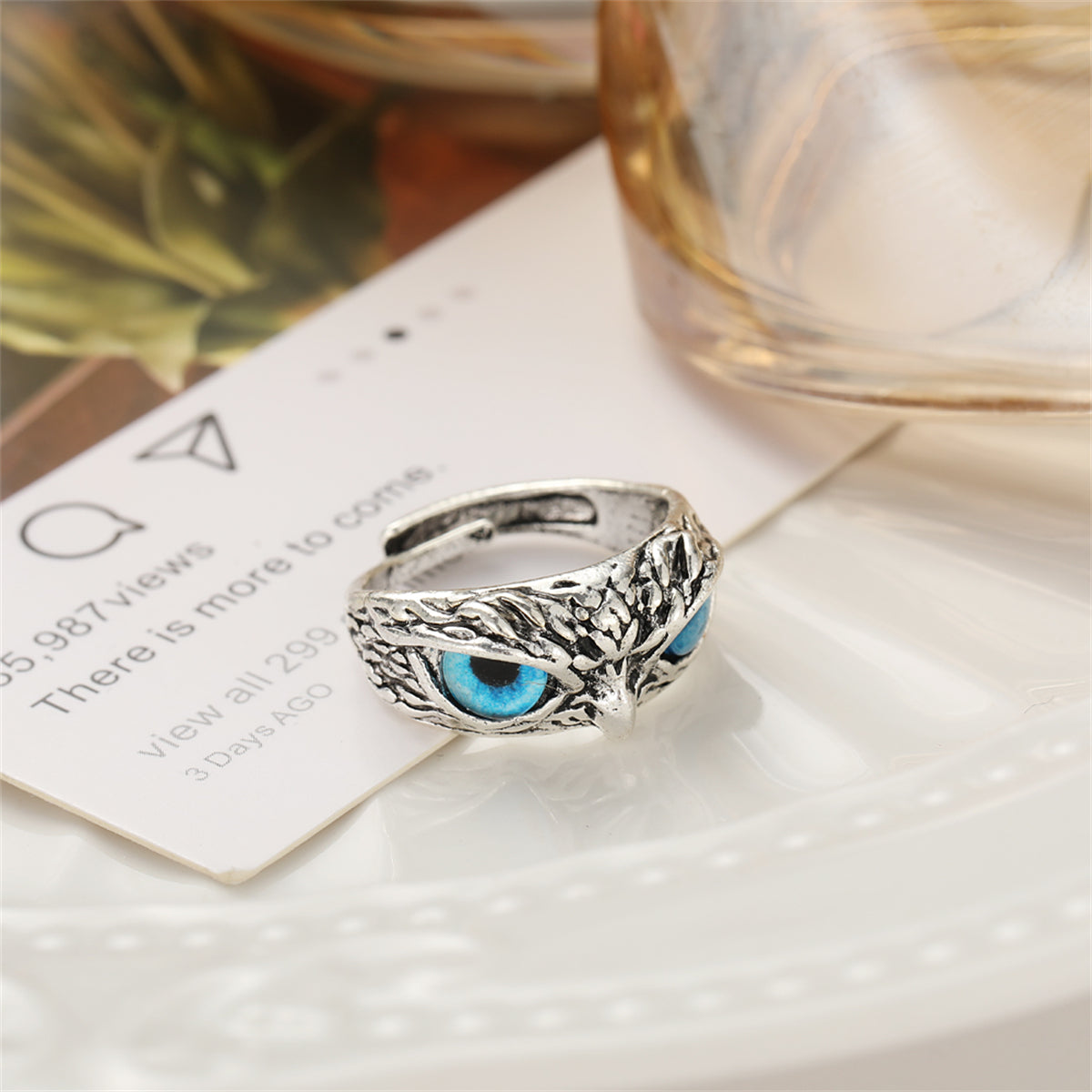 Blue Enamel & Silver-Plated Engraved Owl Adjustable Ring