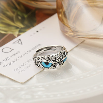 Blue Enamel and Silver-Plated Engraved Owl Adjustable Ring, silver statement rings for women, everyday style, styled look