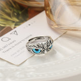 Blue Enamel & Silver-Plated Engraved Owl Adjustable Ring