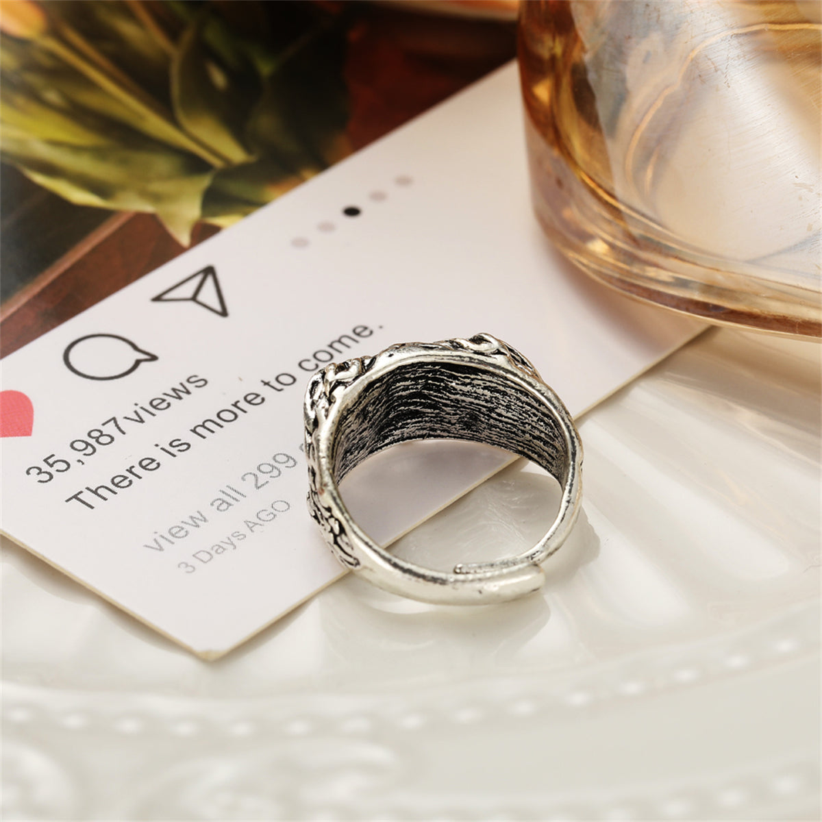 Blue Enamel & Silver-Plated Engraved Owl Adjustable Ring