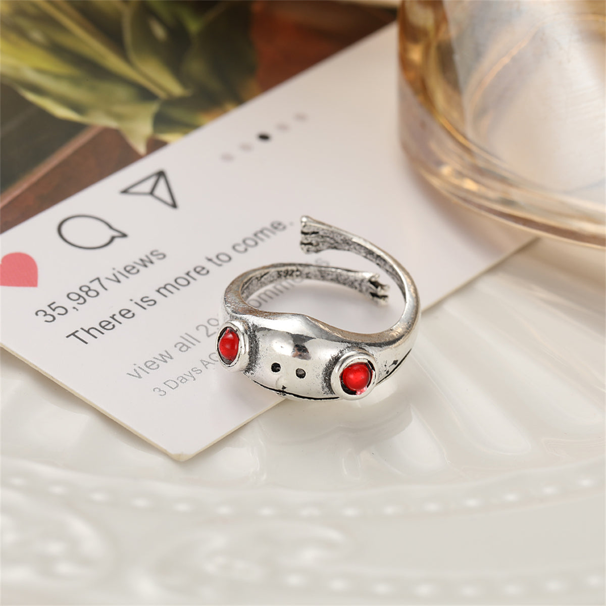 Red Cubic Zirconia and Silver-Plated Frog Adjustable Ring, silver statement rings for women, styled look