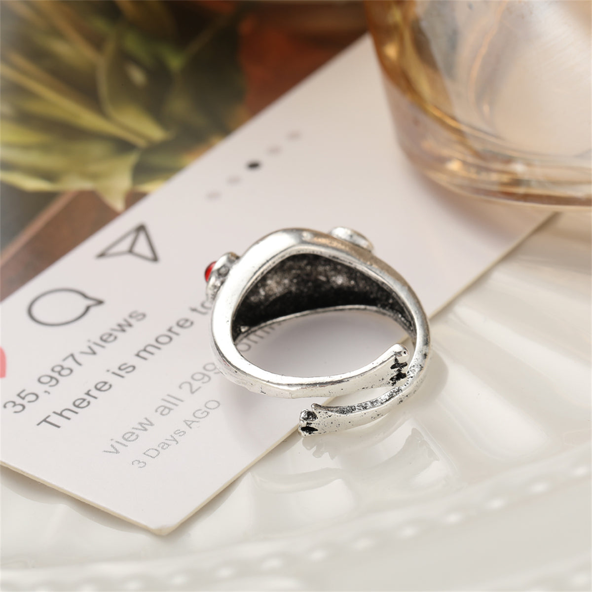 Red Cubic Zirconia & Silver-Plated Frog Adjustable Ring