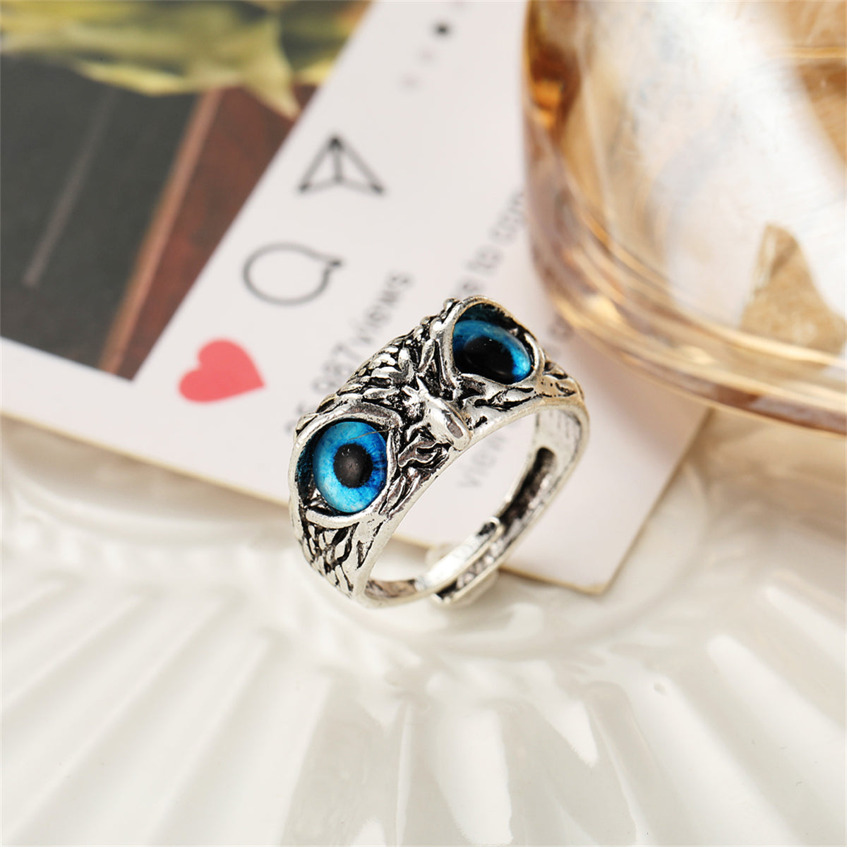 Blue Enamel & Silver-Plated Engraved Owl Adjustable Ring