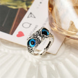 Blue Enamel & Silver-Plated Engraved Owl Adjustable Ring