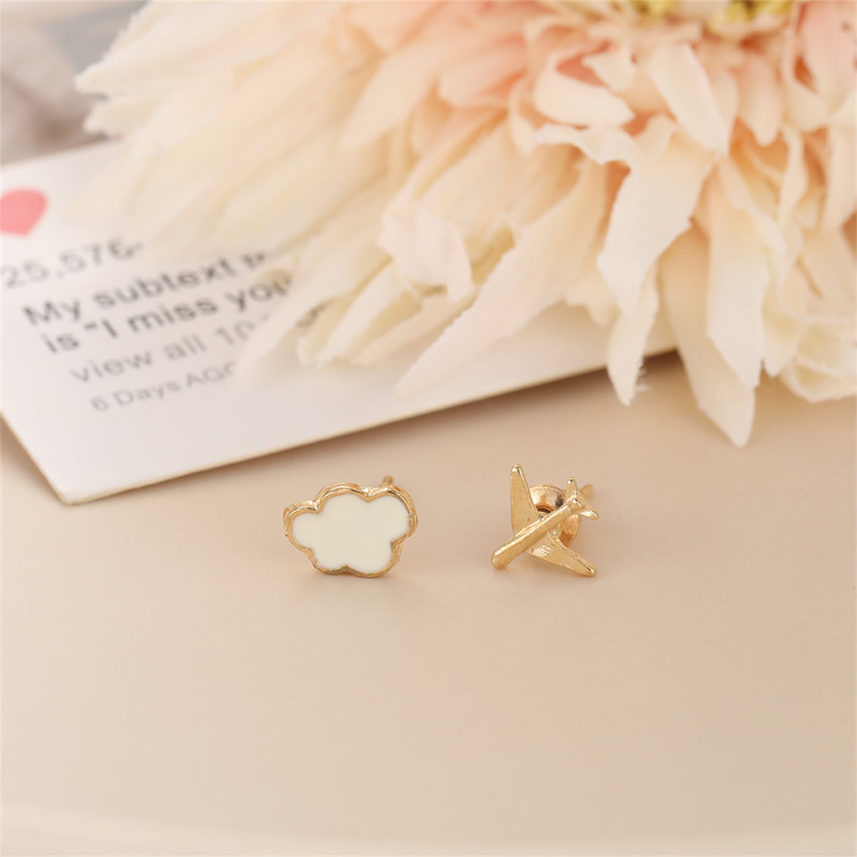 White and 18K Gold-Plated Airplane Asymmetrical Stud Earrings, gold stud earrings for women, detail close-up