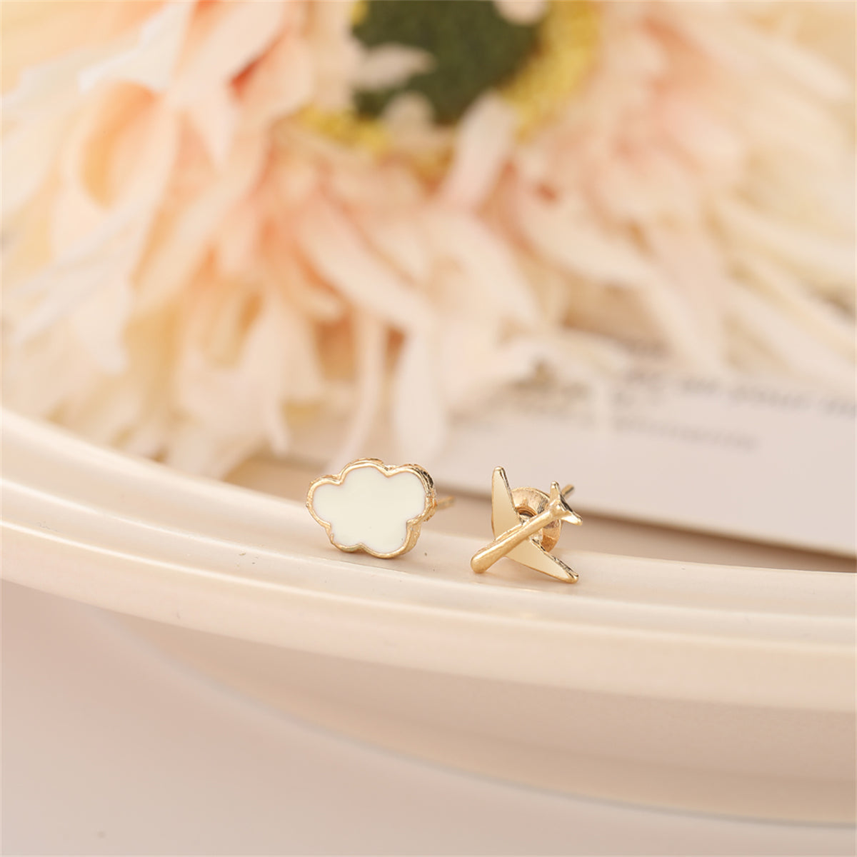 White and 18K Gold-Plated Airplane Asymmetrical Stud Earrings, gold stud earrings for women, lifestyle look