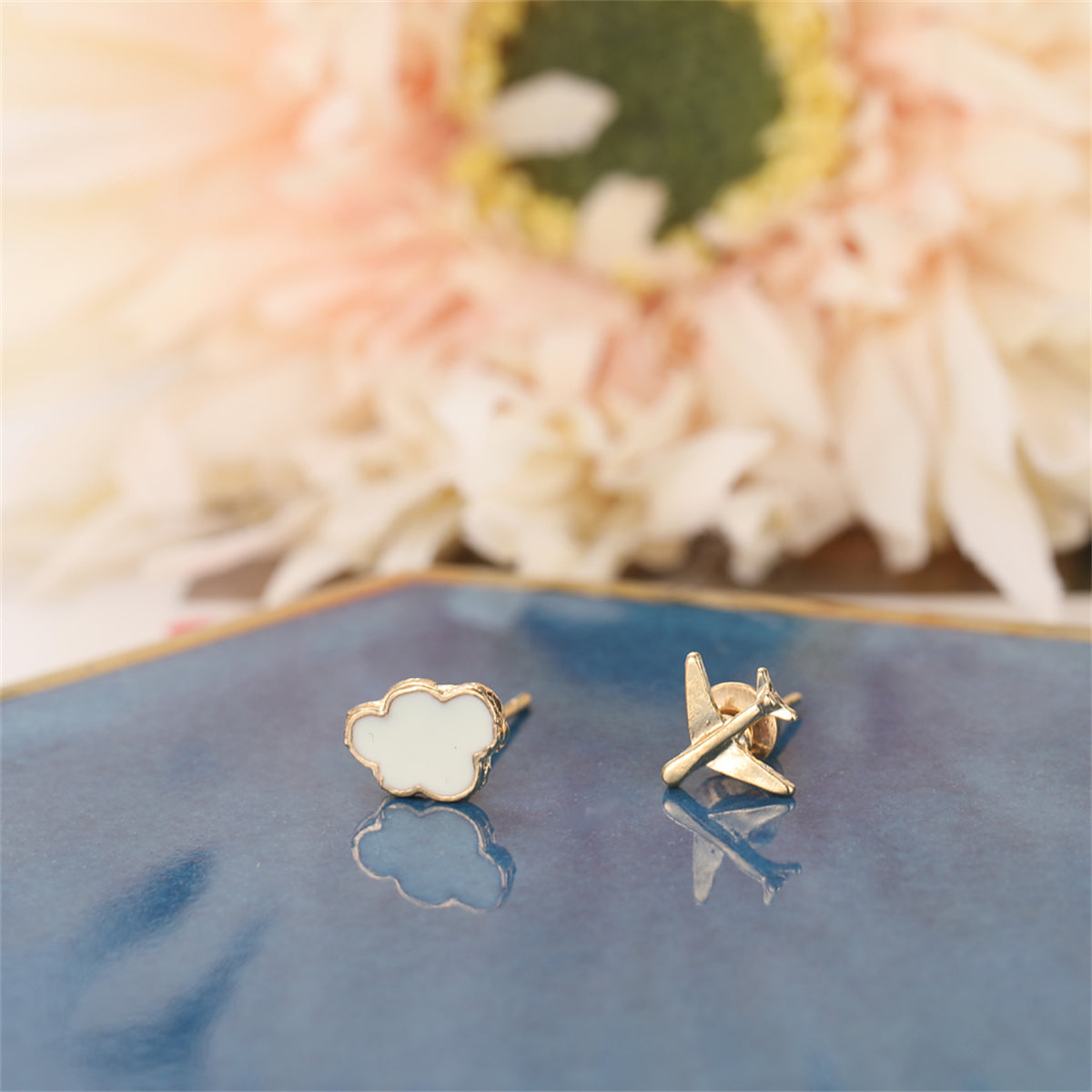White and 18K Gold-Plated Airplane Asymmetrical Stud Earrings, gold stud earrings for women, styled look