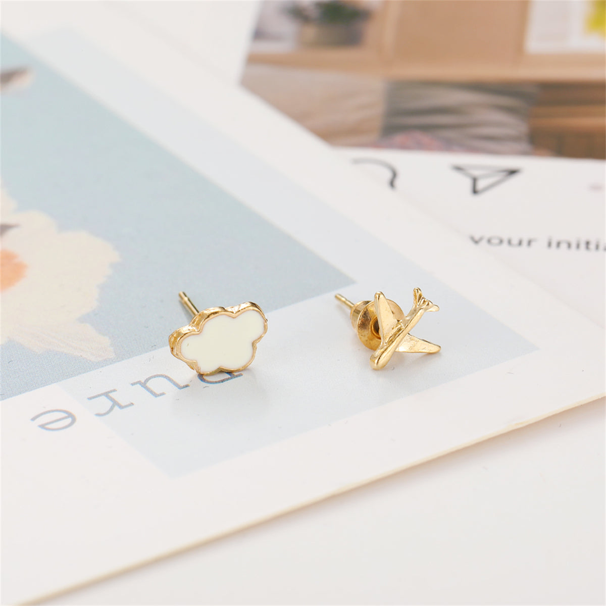 White & 18K Gold-Plated Airplane Asymmetrical Stud Earrings