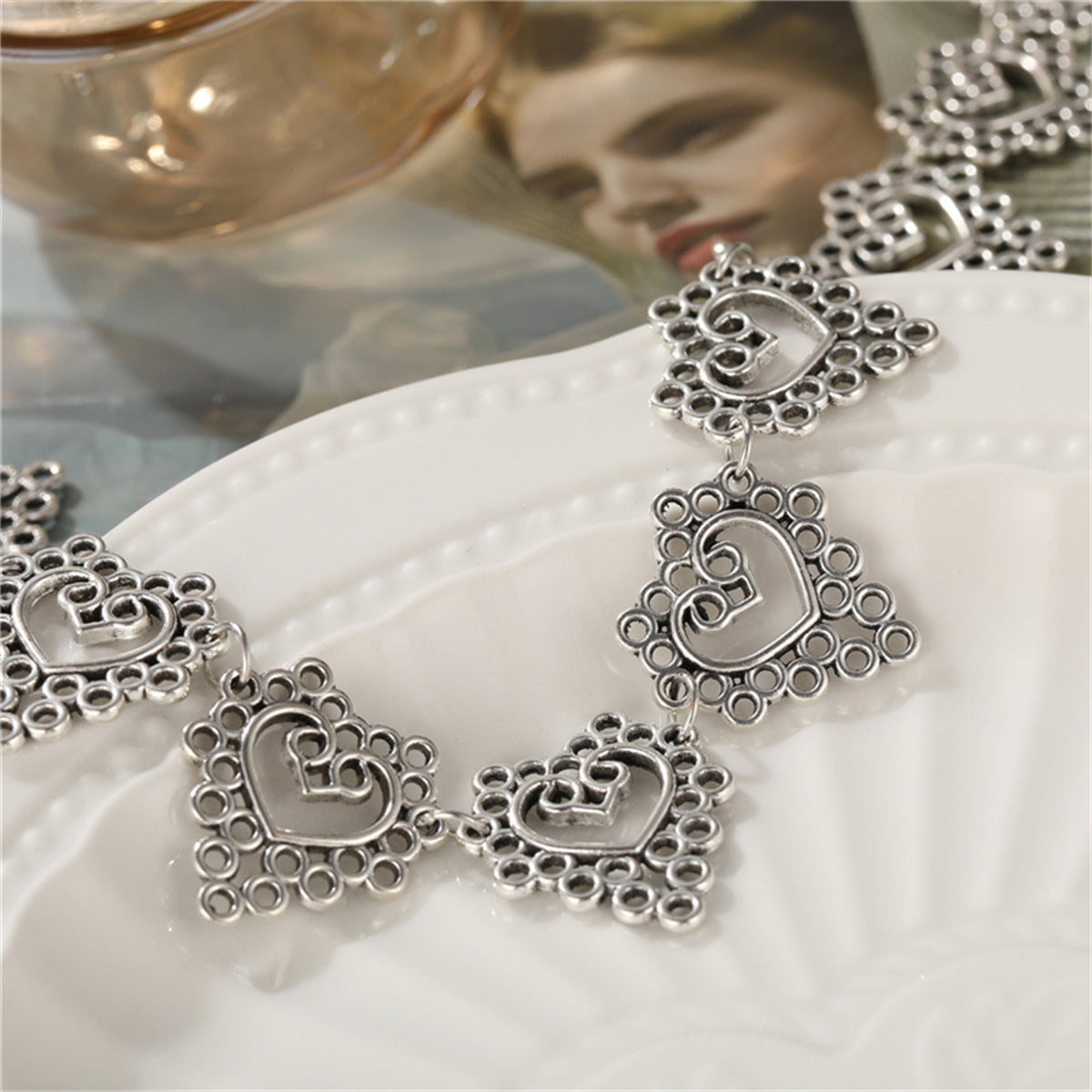 Silver-Plated Open Flower Heart Choker Necklace