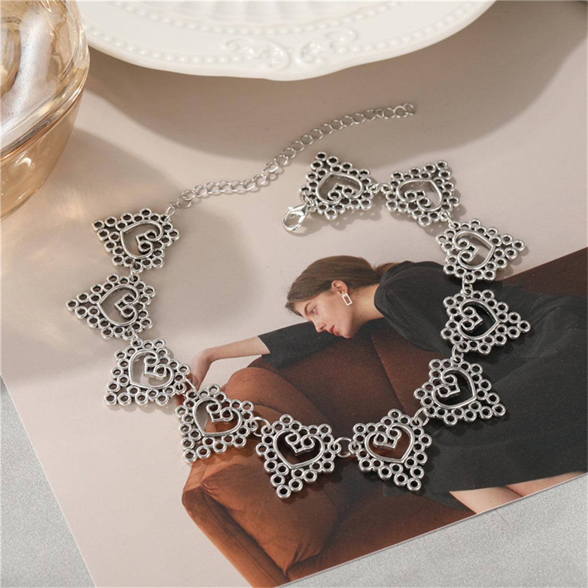 Silver-Plated Open Flower Heart Choker Necklace, silver pendant necklace for women, vintage-inspired design, styled look