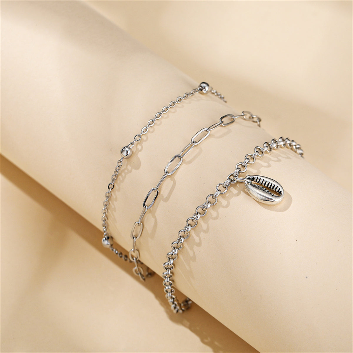 Silver-Plated Shell Charm Anklet Set, jewelry gift sets for women, vintage-inspired design, front view