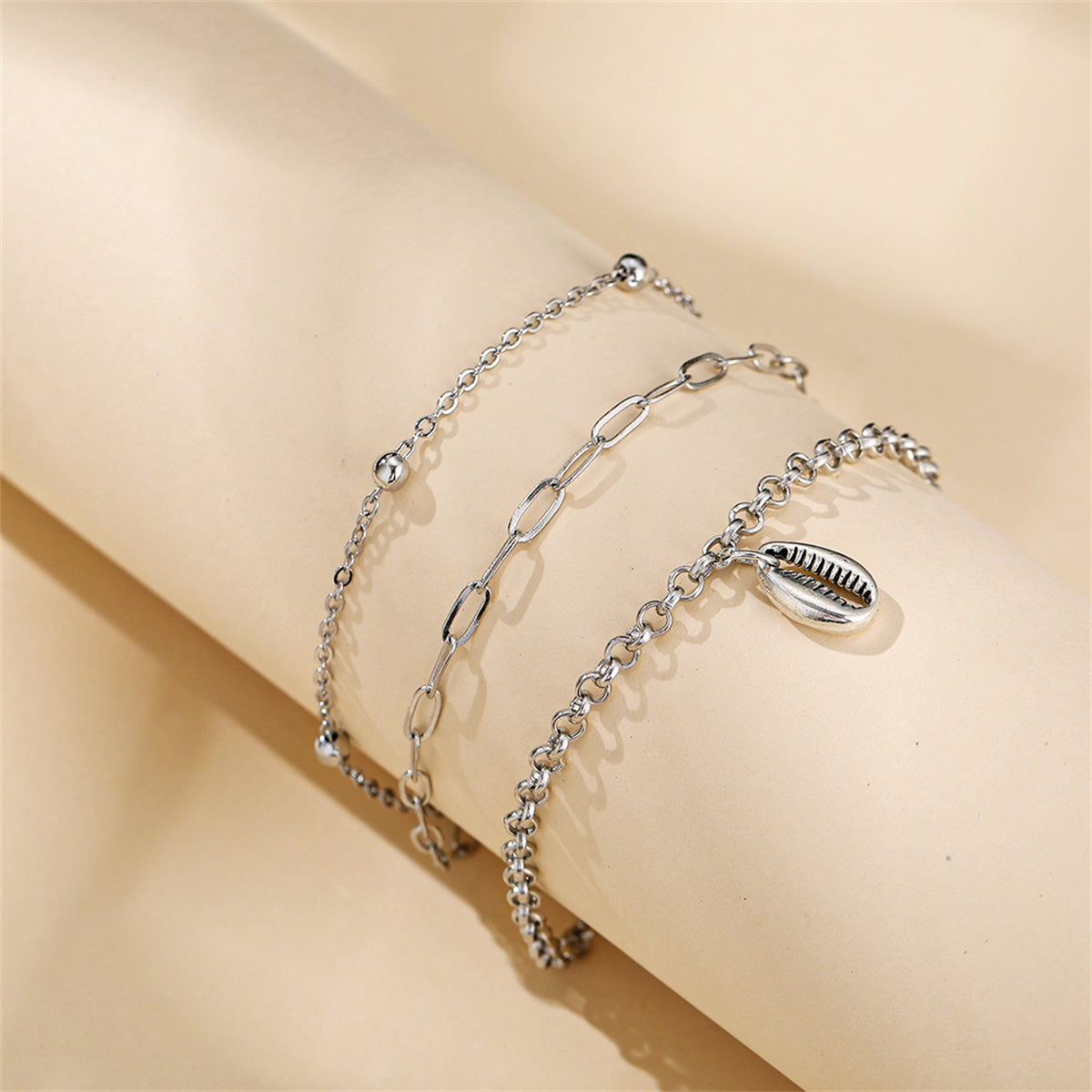Silver-Plated Shell Charm Anklet Set
