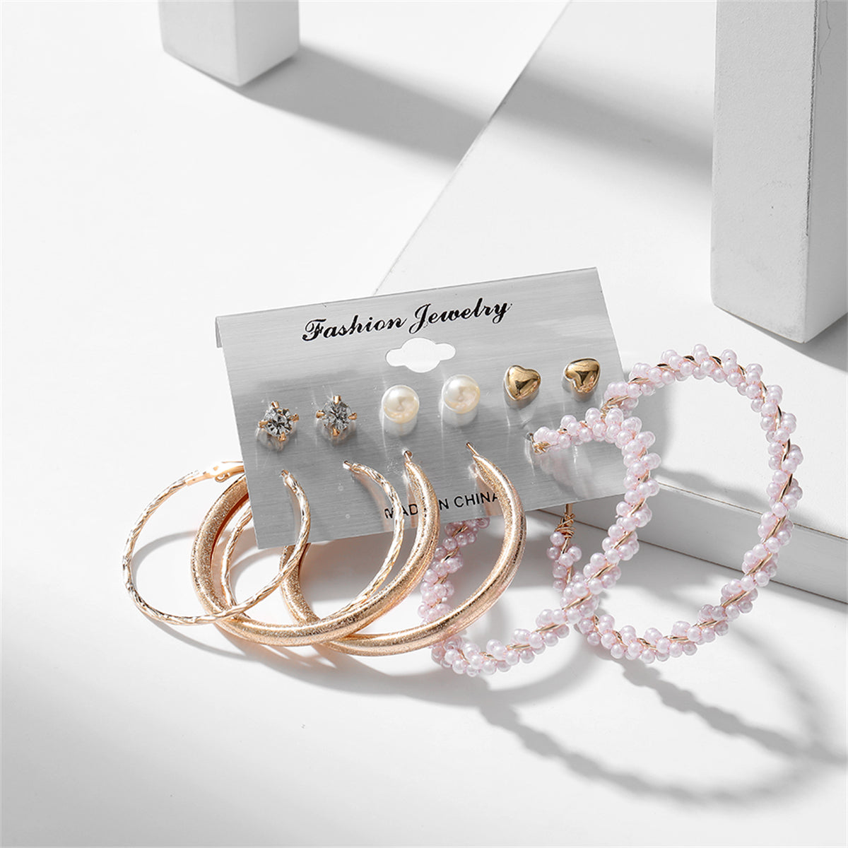 Cubic Zirconia and Pearl 18K Gold-Plated Hoop Earring Set, gold stud earrings for women, elegant gift for her, side view