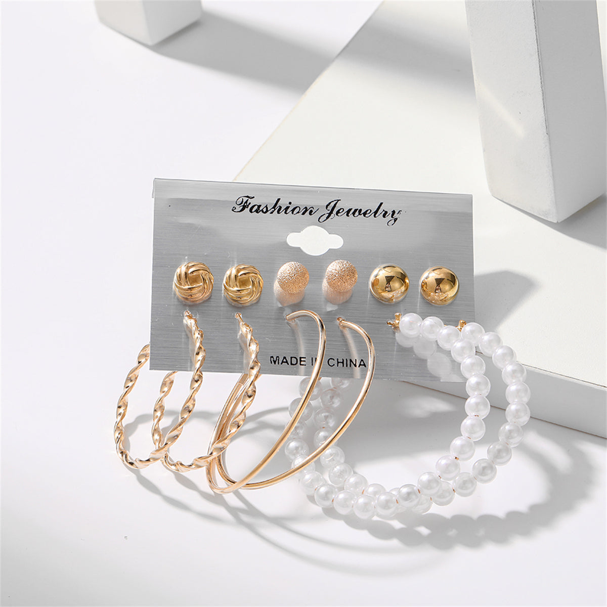 Pearl and 18K Gold-Plated Frosted Twisted Hoop Earring Set, gold stud earrings for women, elegant gift for her, side view