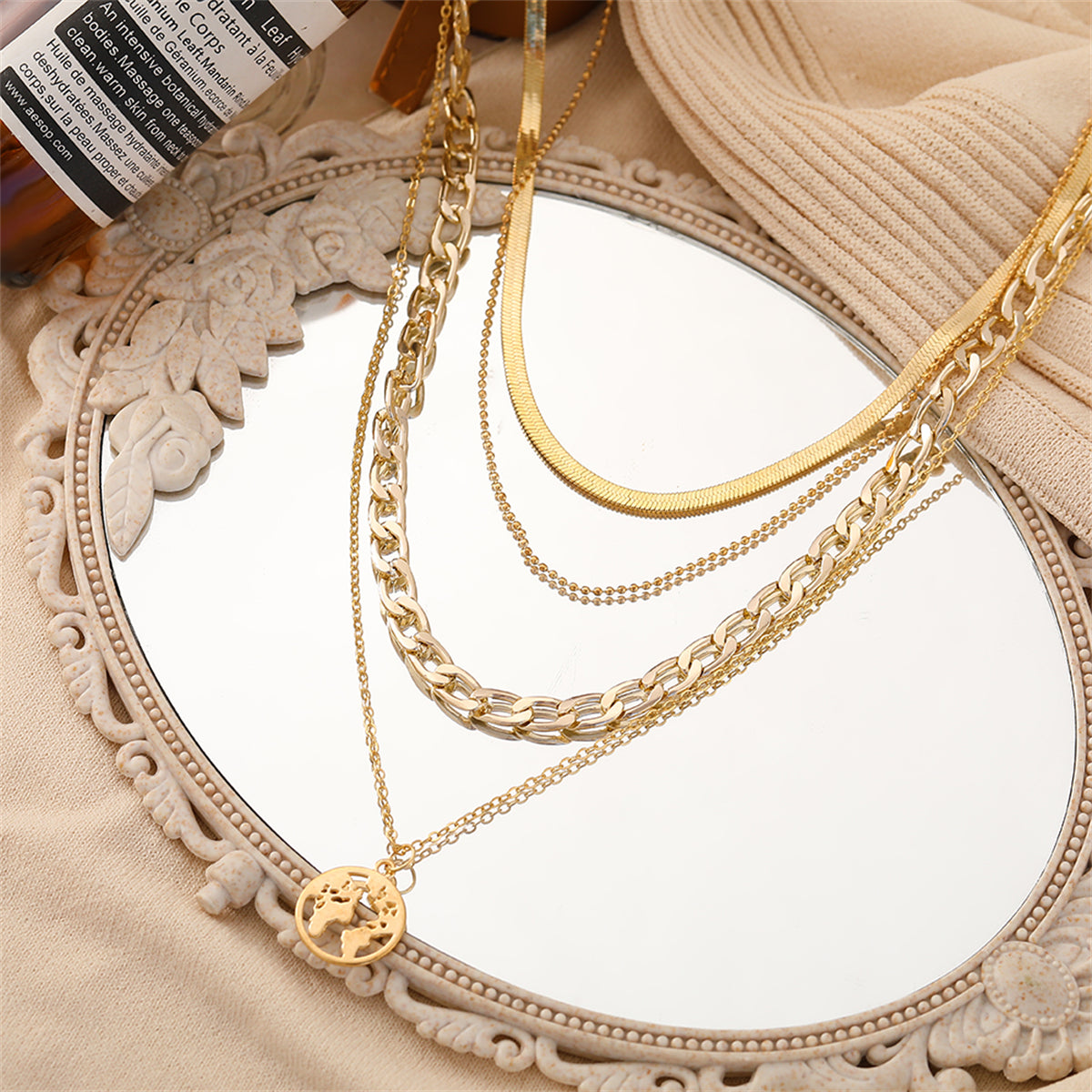 18K Gold-Plated Curb and Snake Chain Map Pendant Layered Necklace, gold pendant necklace for women, detail close-up