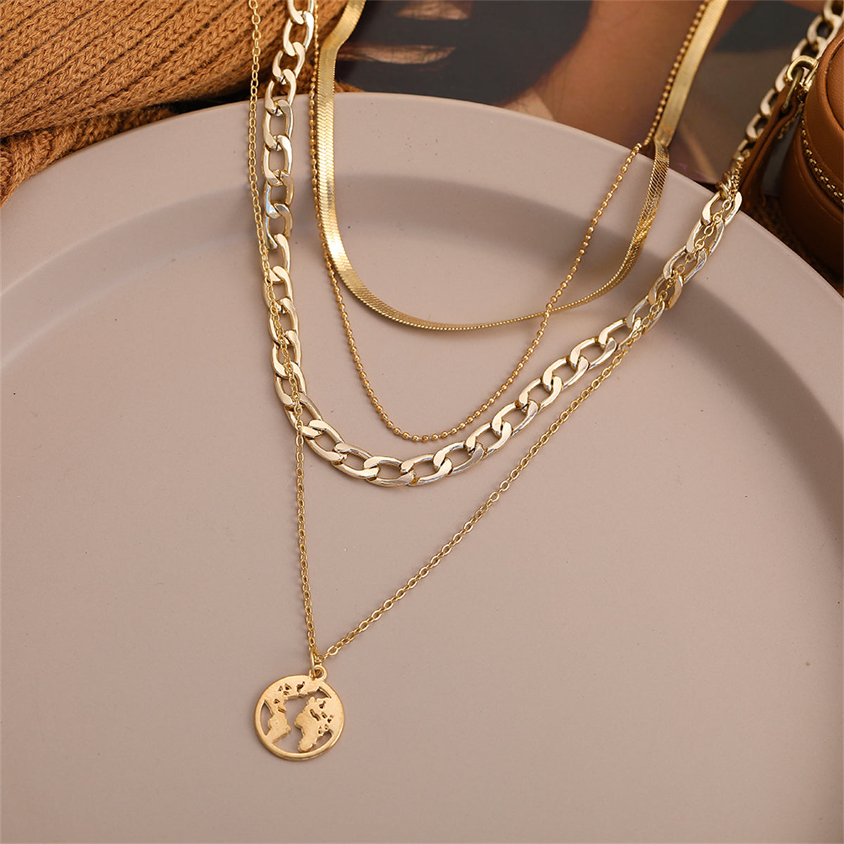 18K Gold-Plated Curb and Snake Chain Map Pendant Layered Necklace, gold pendant necklace for women, lifestyle look