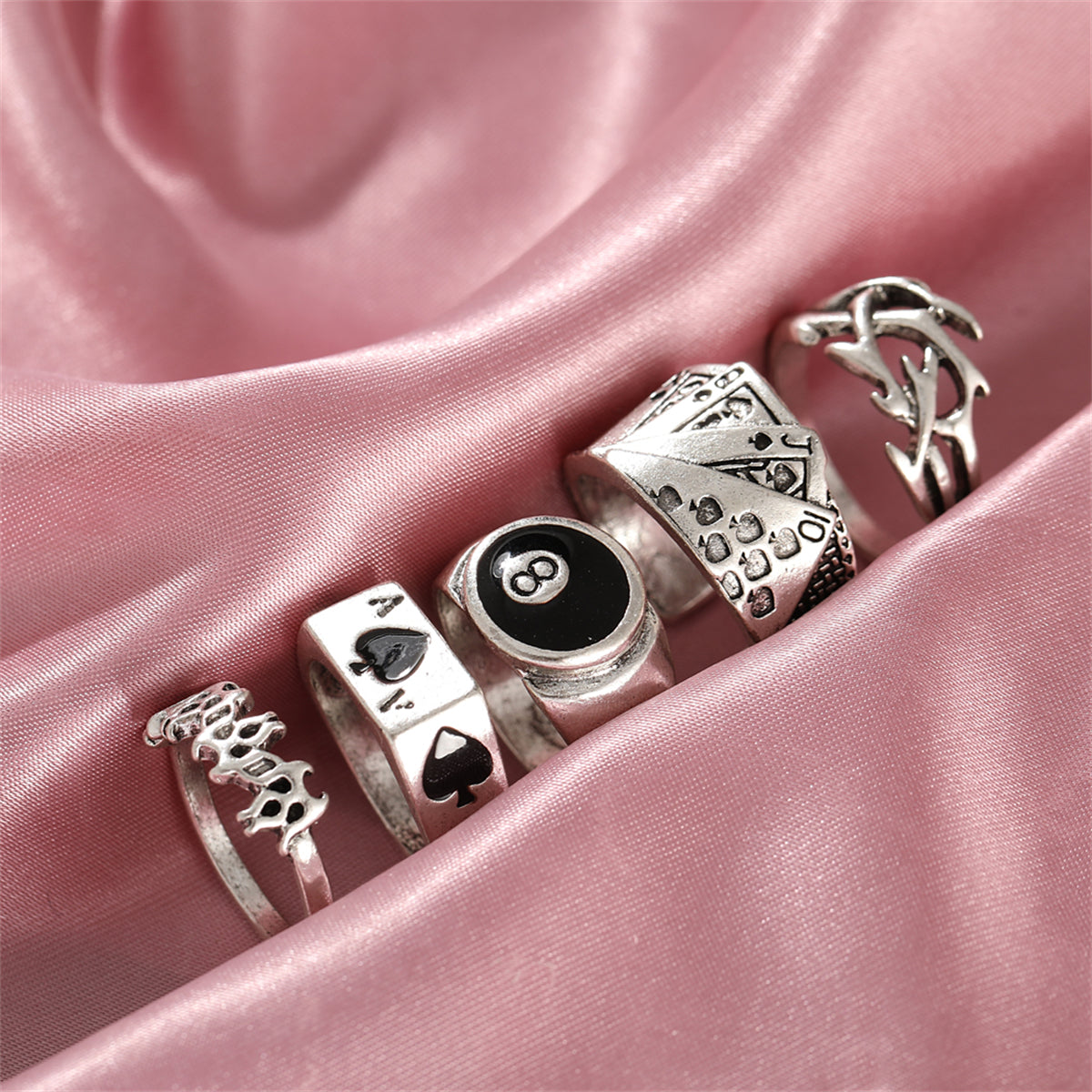 Black Enamel & Silver-Plated Skull Joker Ring Set