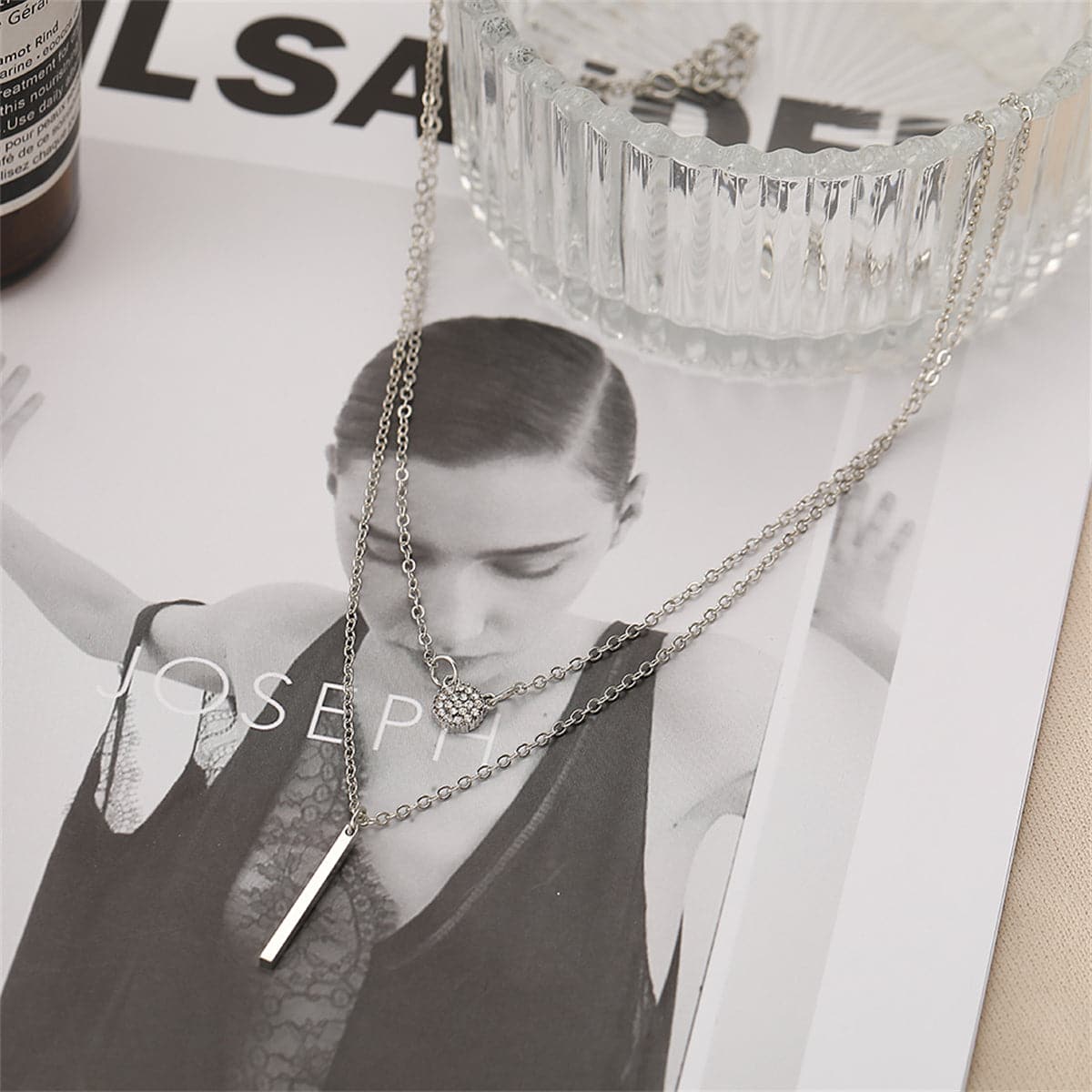 Cubic Zirconia and Silver-Plated Layered Bar Pendant Necklace, silver pendant necklace for women, front view