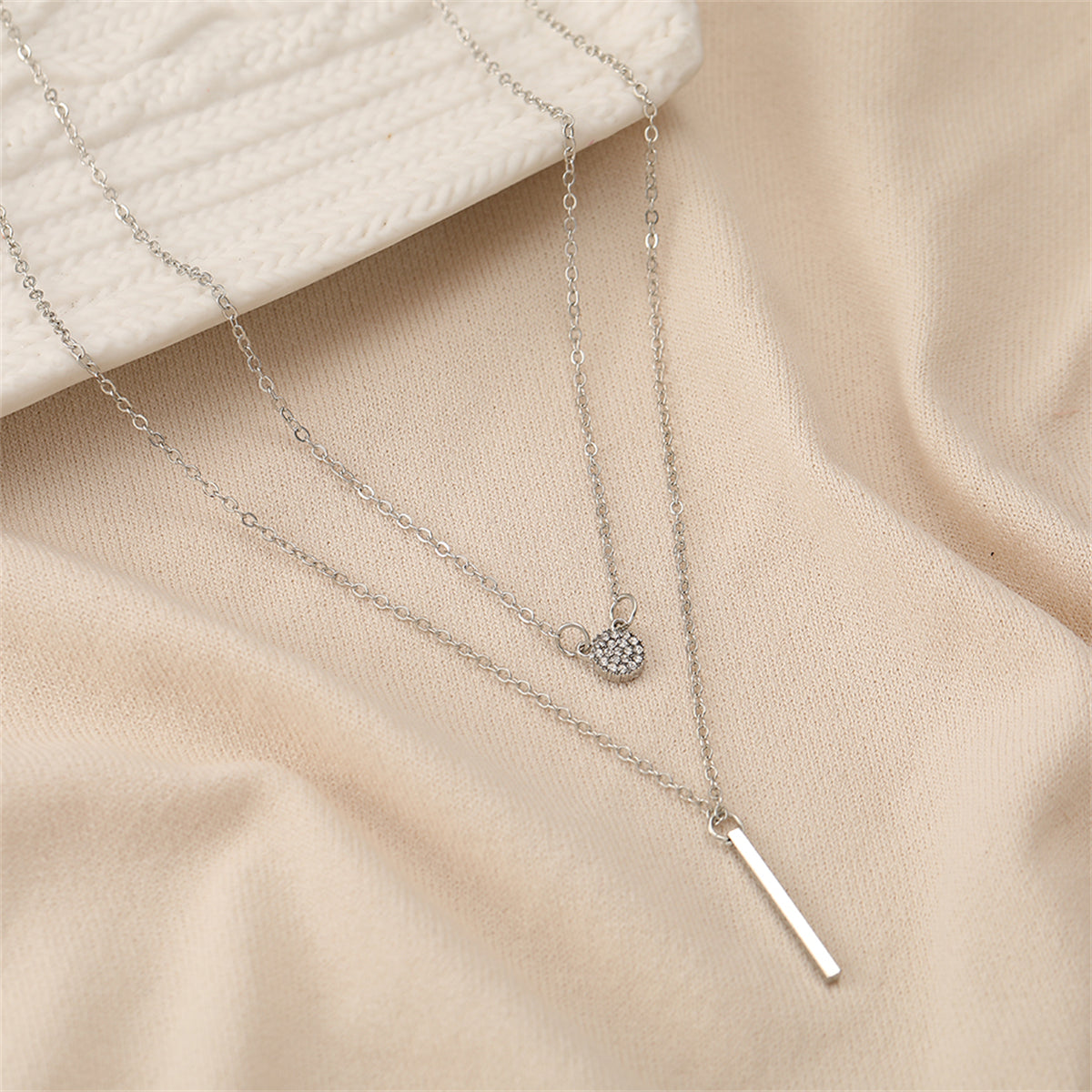 Cubic Zirconia and Silver-Plated Layered Bar Pendant Necklace, silver pendant necklace for women, styled look