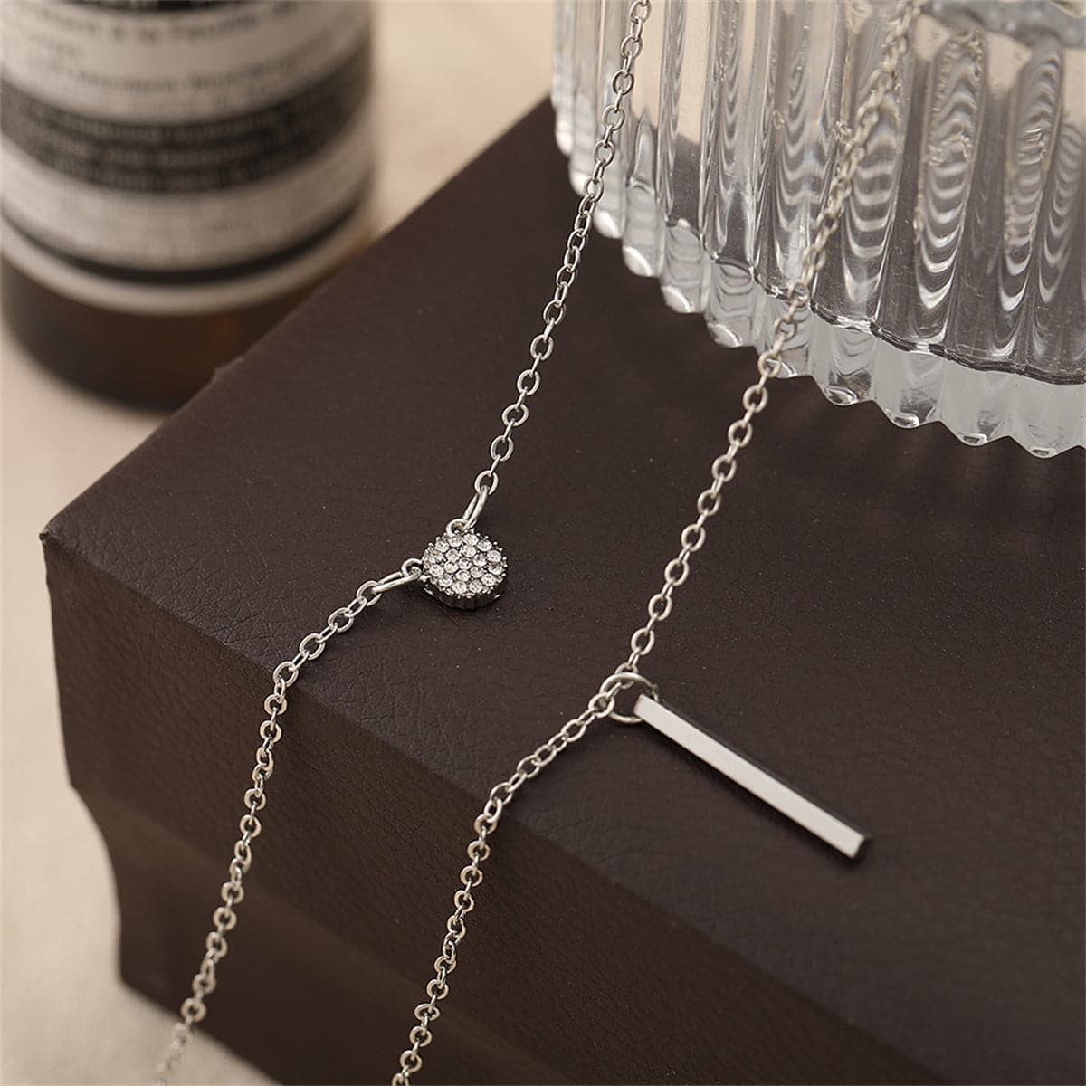 Cubic Zirconia and Silver-Plated Layered Bar Pendant Necklace, silver pendant necklace for women, side view