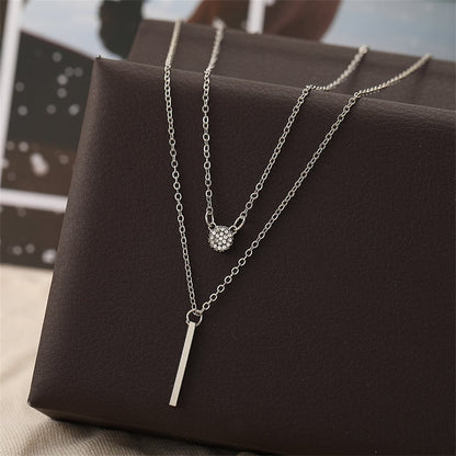 Cubic Zirconia and Silver-Plated Layered Bar Pendant Necklace, silver pendant necklace for women, detail close-up