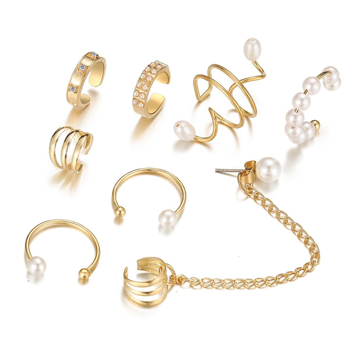 Cubic Zirconia and Pearl 18K Gold-Plated Ear Cuff Set, gold stud earrings for women, elegant gift for her, side view