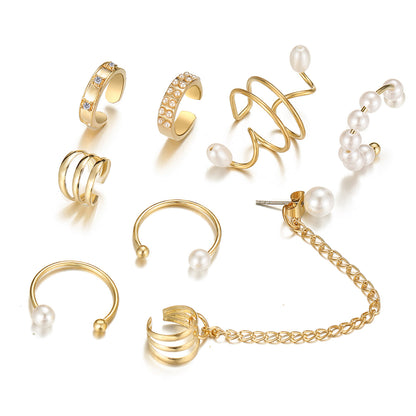 Cubic Zirconia and Pearl 18K Gold-Plated Ear Cuff Set, gold stud earrings for women, elegant gift for her, side view
