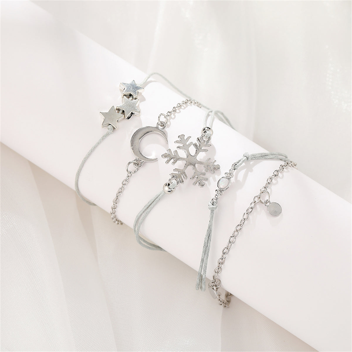 Silver-Plated & Gray Snowflake & Celestial Bracelet Set