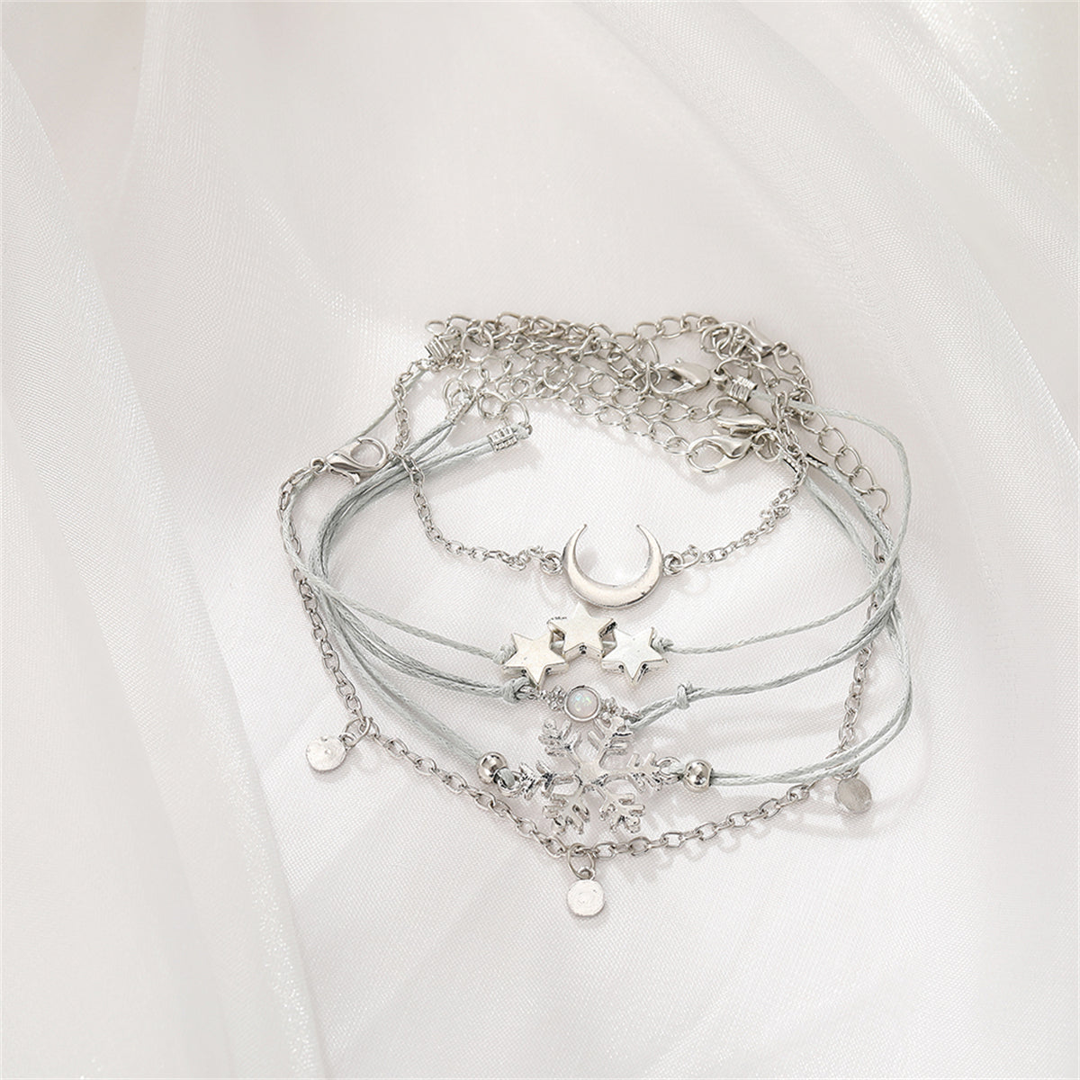 Silver-Plated & Gray Snowflake & Celestial Bracelet Set
