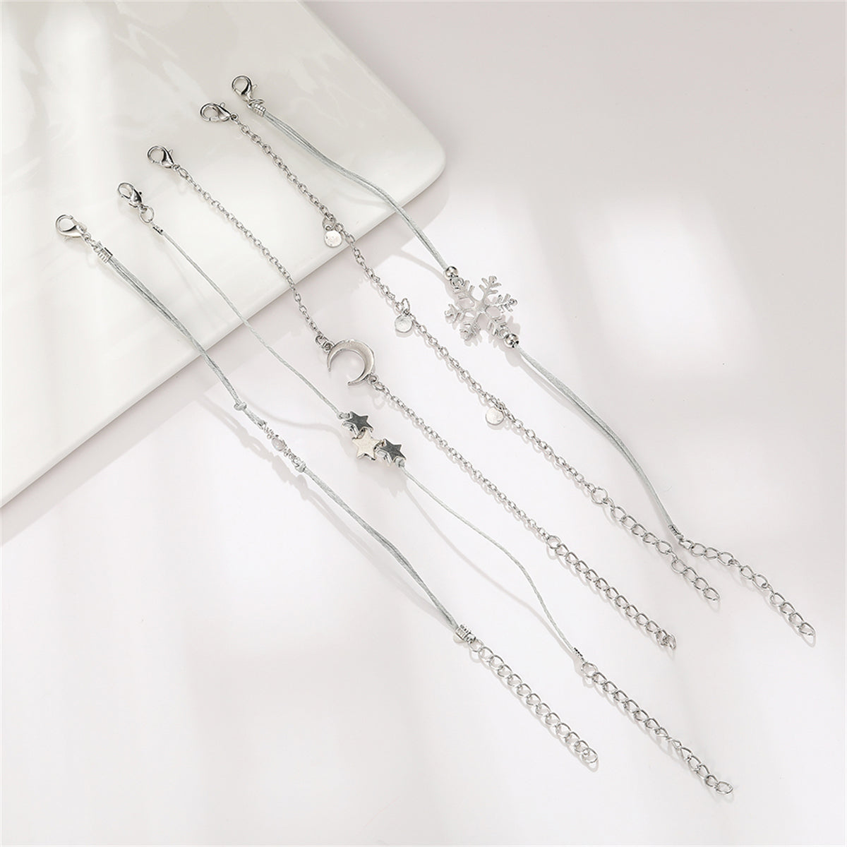 Silver-Plated & Gray Snowflake & Celestial Bracelet Set