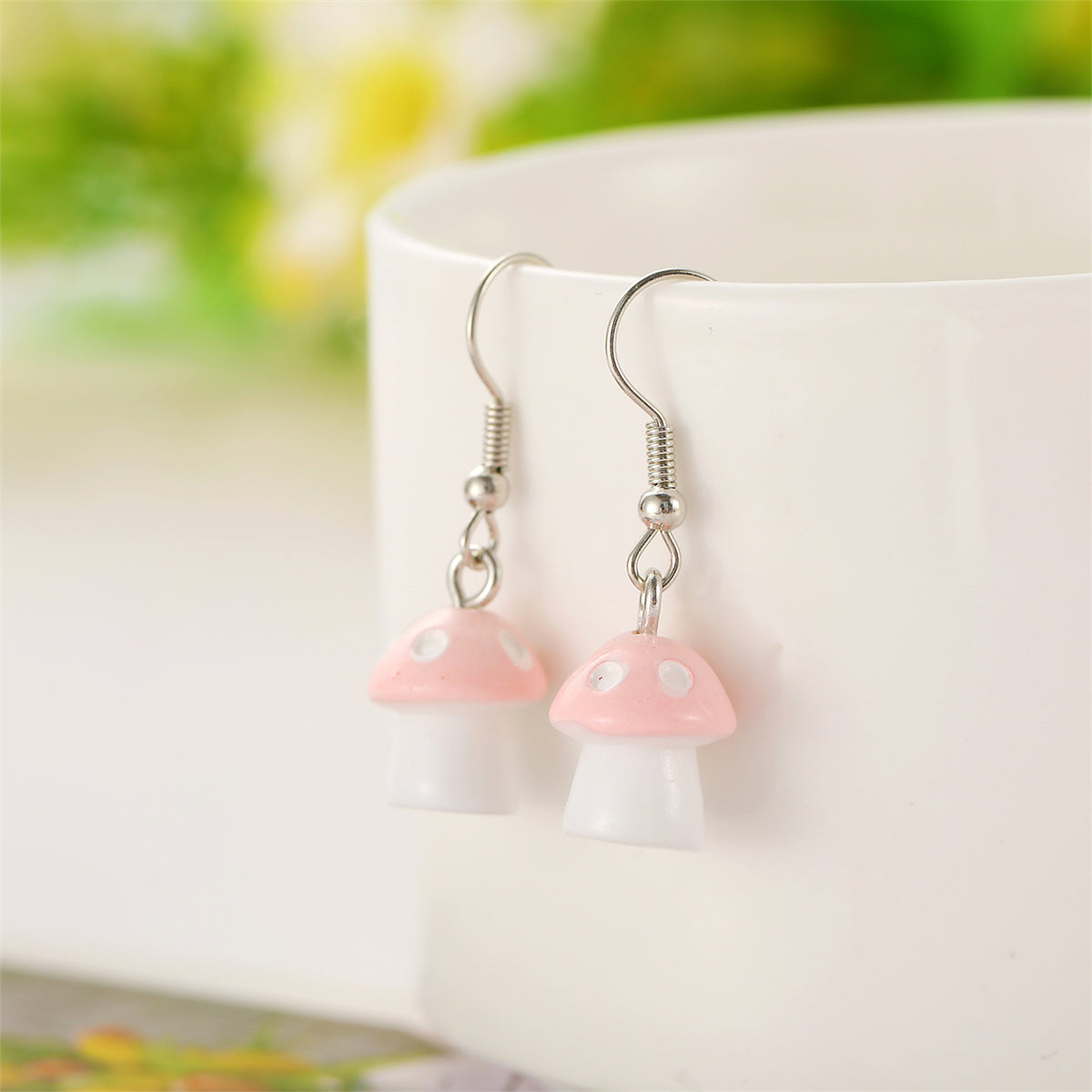 Pink Resin and Silver-Plated Dot Mushroom Drop Earrings, silver drop earrings for women, dainty minimalist design, front view