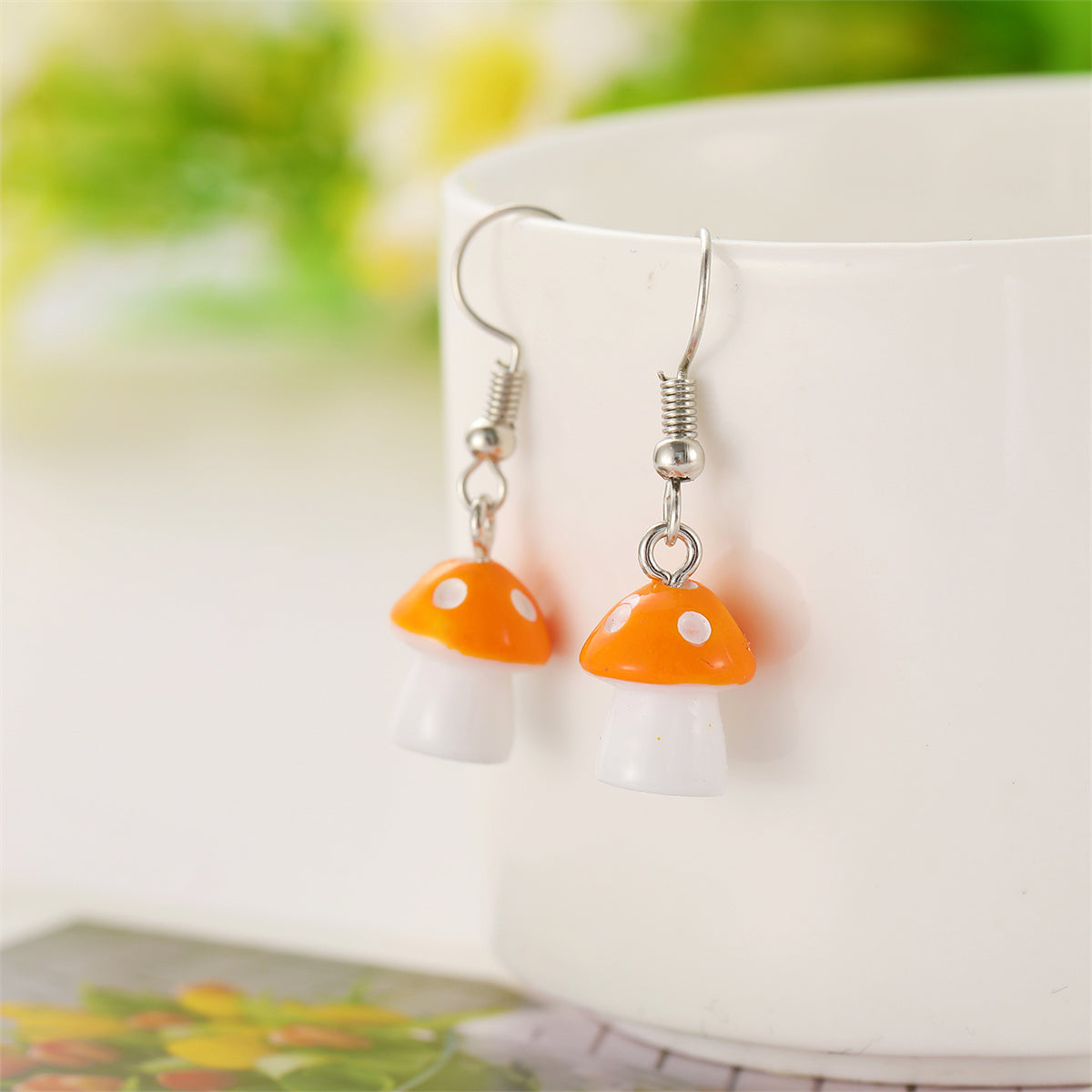 Orange Resin and Silver-Plated Dot Mushroom Drop Earrings, silver drop earrings for women, everyday style, side view