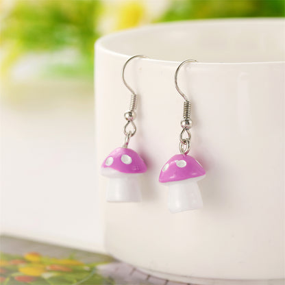 Purple Resin and Silver-Plated Dot Mushroom Drop Earrings, silver drop earrings for women, everyday style, front view