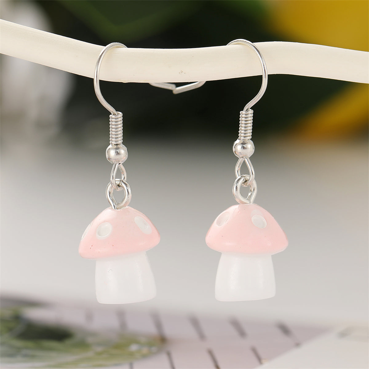 Pink Resin and Silver-Plated Dot Mushroom Drop Earrings, silver drop earrings for women, dainty minimalist design, side view