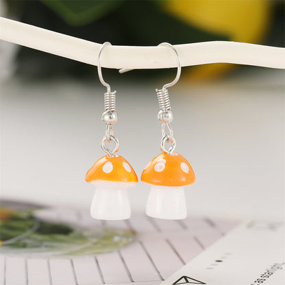 Orange Resin and Silver-Plated Dot Mushroom Drop Earrings, silver drop earrings for women, everyday style, front view