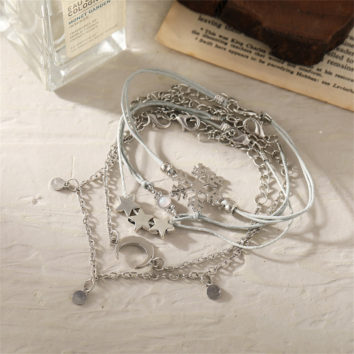 Silver-Plated & Gray Snowflake & Celestial Bracelet Set