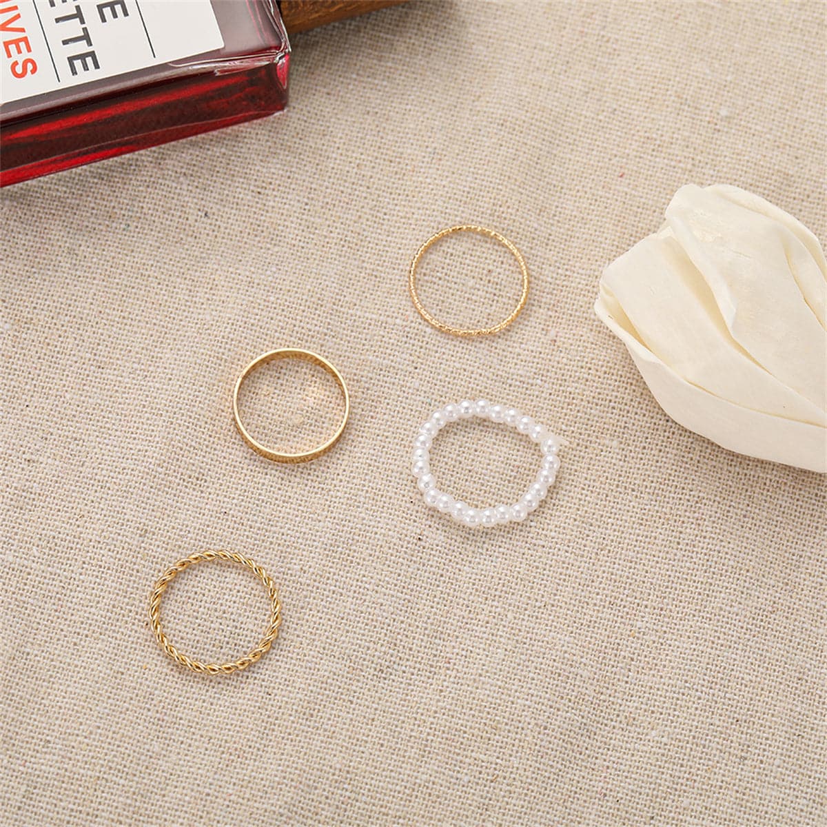 Pearl and 18K Gold-Plated Band Ring Set, jewelry gift sets for women, botanical inspired, front view