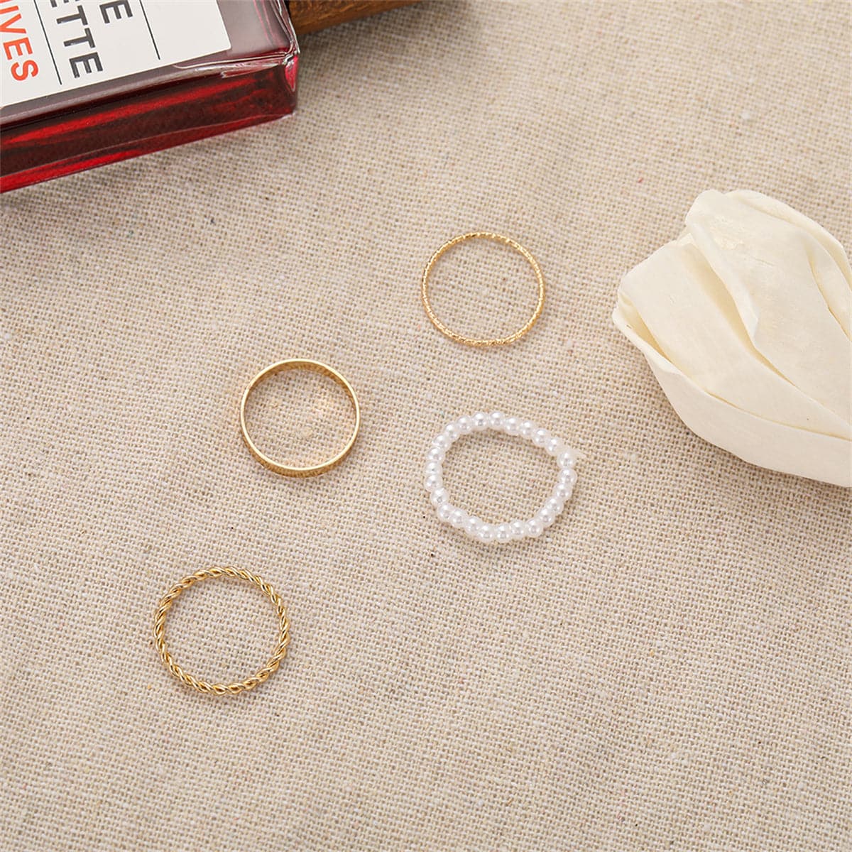 Pearl & 18K Gold-Plated Band Ring Set