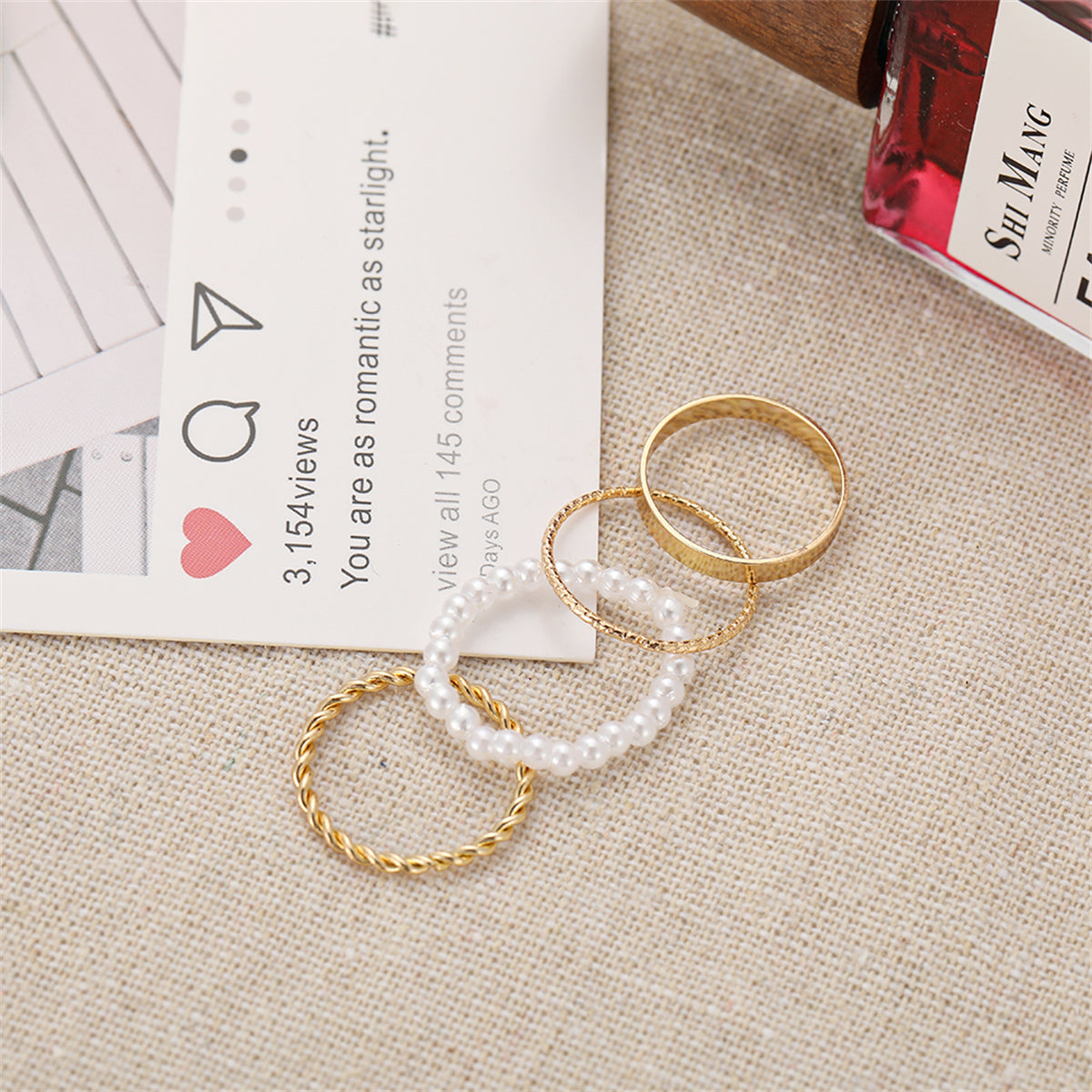 Pearl and 18K Gold-Plated Band Ring Set, jewelry gift sets for women, botanical inspired, lifestyle look
