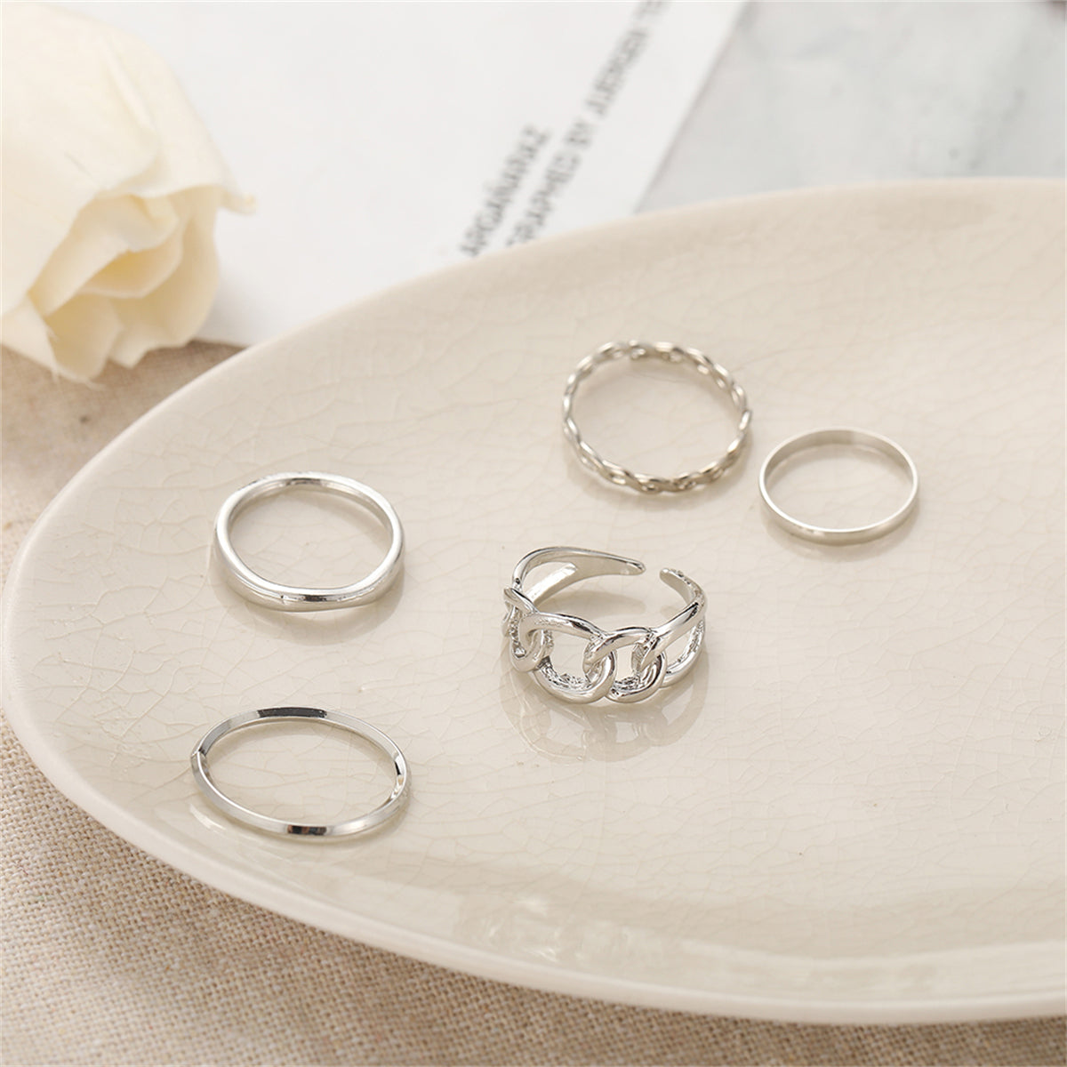 Silver-Plated Cable Chain Open Ring Set, jewelry gift sets for women, vintage-inspired design, side view