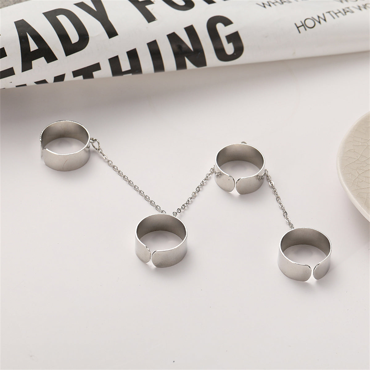 Silver-Plated Linked Open Four-Finger Band, jewelry gift sets for women, dainty minimalist design, side view