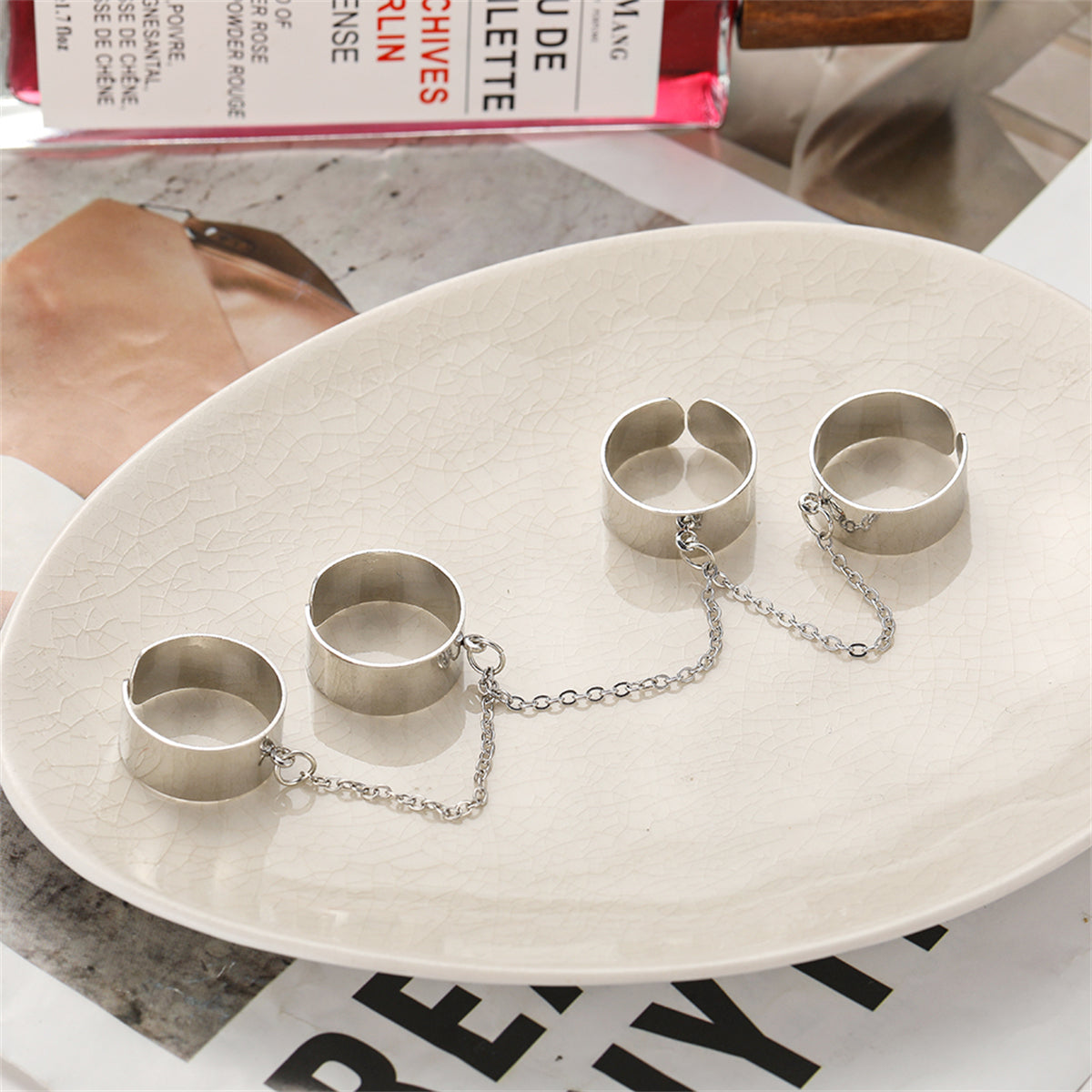 Silver-Plated Linked Open Four-Finger Band, jewelry gift sets for women, dainty minimalist design, lifestyle look