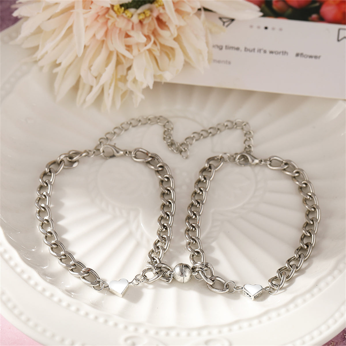 Silver-Plated Heart Charm Linked Bracelet Set, jewelry gift sets for women, everyday style, side view