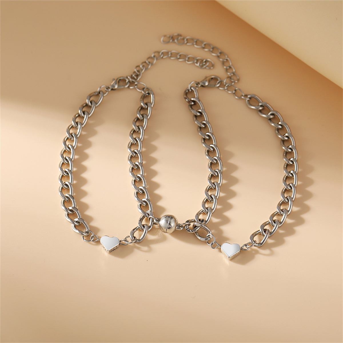 Silver-Plated Heart Charm Linked Bracelet Set