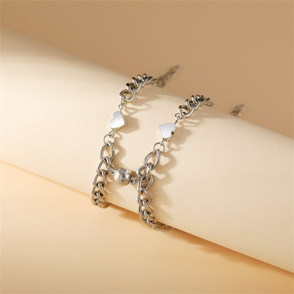 Silver-Plated Heart Charm Linked Bracelet Set