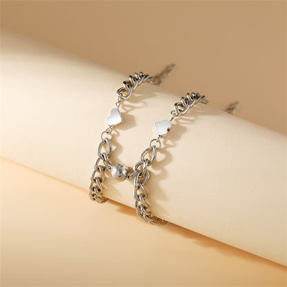 Silver-Plated Heart Charm Linked Bracelet Set