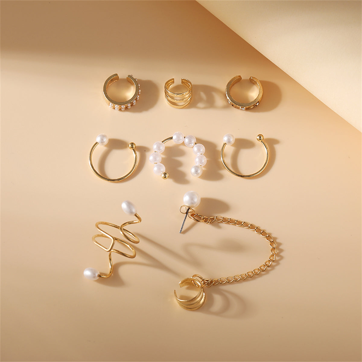 Cubic Zirconia & Pearl 18K Gold-Plated Ear Cuff Set