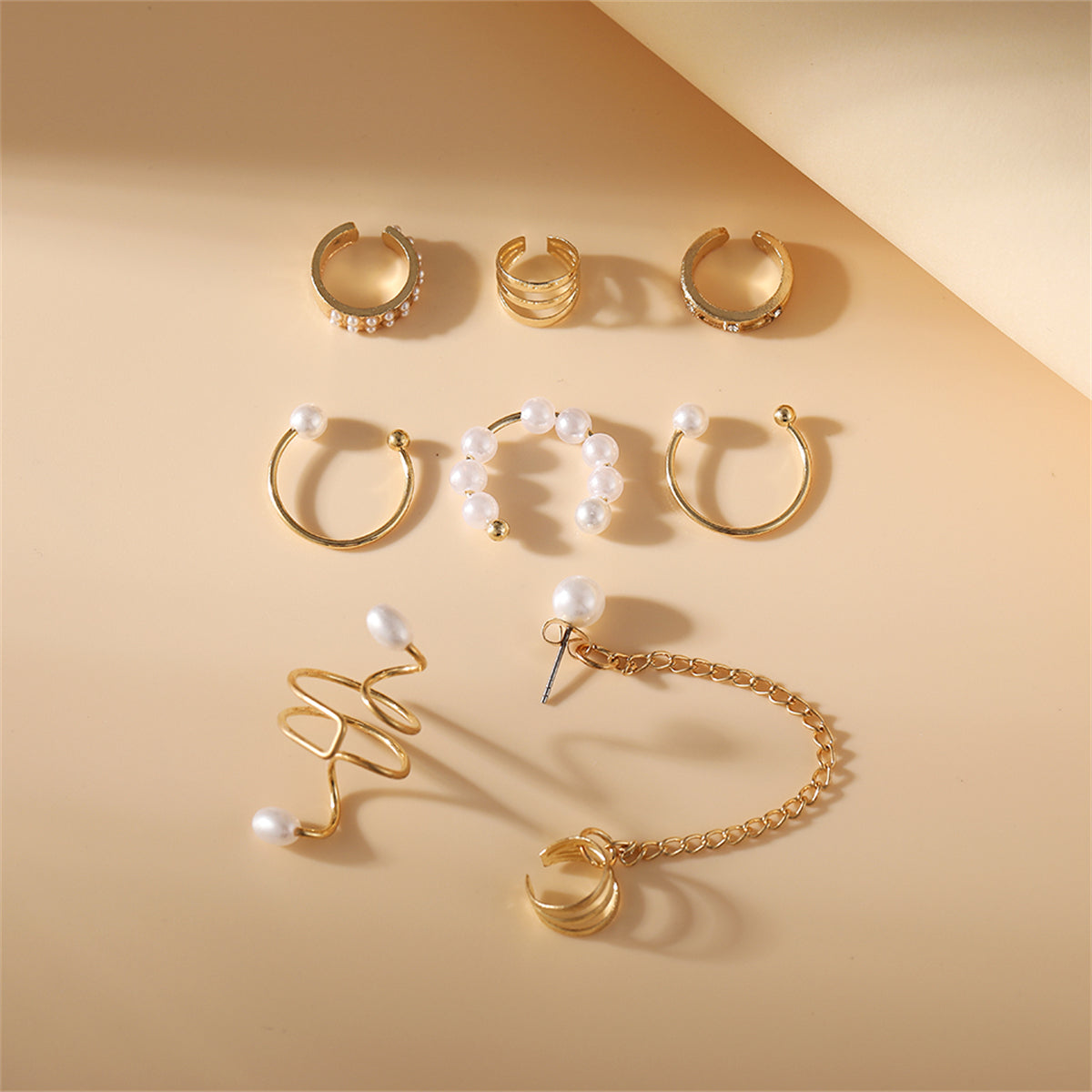 Cubic Zirconia and Pearl 18K Gold-Plated Ear Cuff Set, gold stud earrings for women, elegant gift for her, lifestyle look